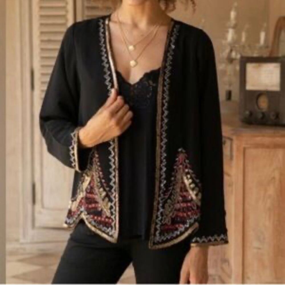 Novica Beaded Evening Jacket Black Sequined Pattern Open Cardigan Plus Size XXL